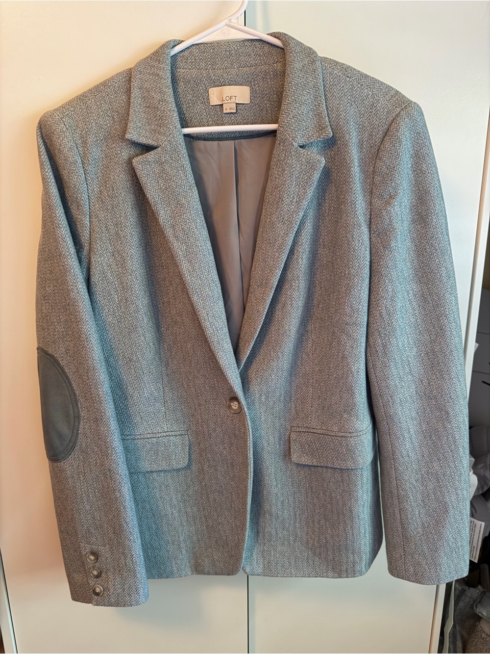 LOFT Light Gray Herringbone Blazer with Elbow Patches
